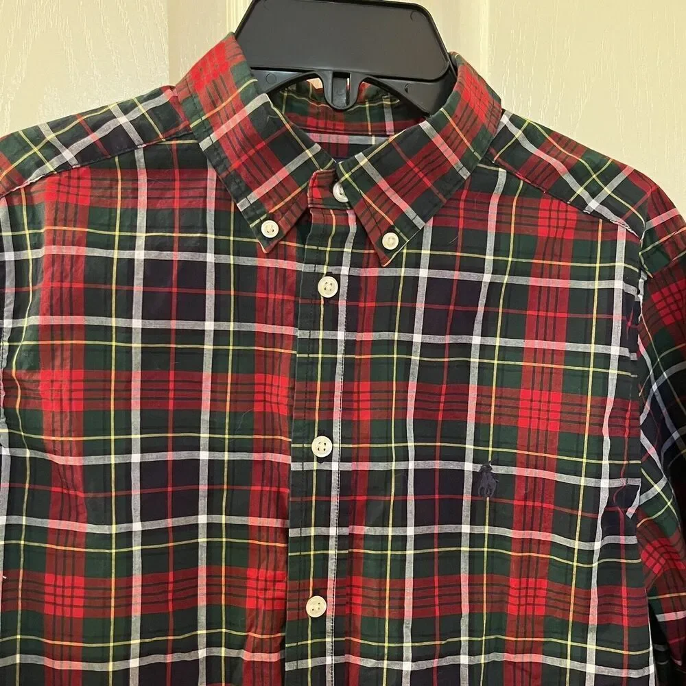 Ralph Lauren Red Green Navy Plaid Button Up Shirt Cotton Boys Size Large 14-16